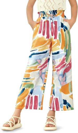 Girls Summer Print Drawstring Wide Leg Pants High Waisted Palazzo Pants Lounge Trousers with Lining Pocket 5-14 Years