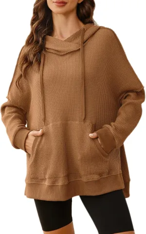 Glamaker Women's Waffle Knit Oversized Hoodies Pullover 2023 Fall Cute Trendy Hooded Sweatshirt Drawstring Casual Outfits