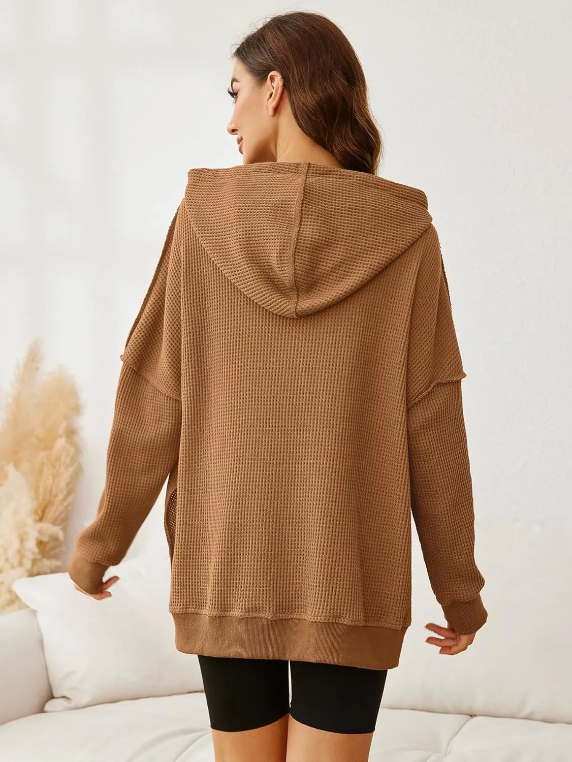 Glamaker Women's Waffle Knit Oversized Hoodies Pullover 2023 Fall Cute Trendy Hooded Sweatshirt Drawstring Casual Outfits