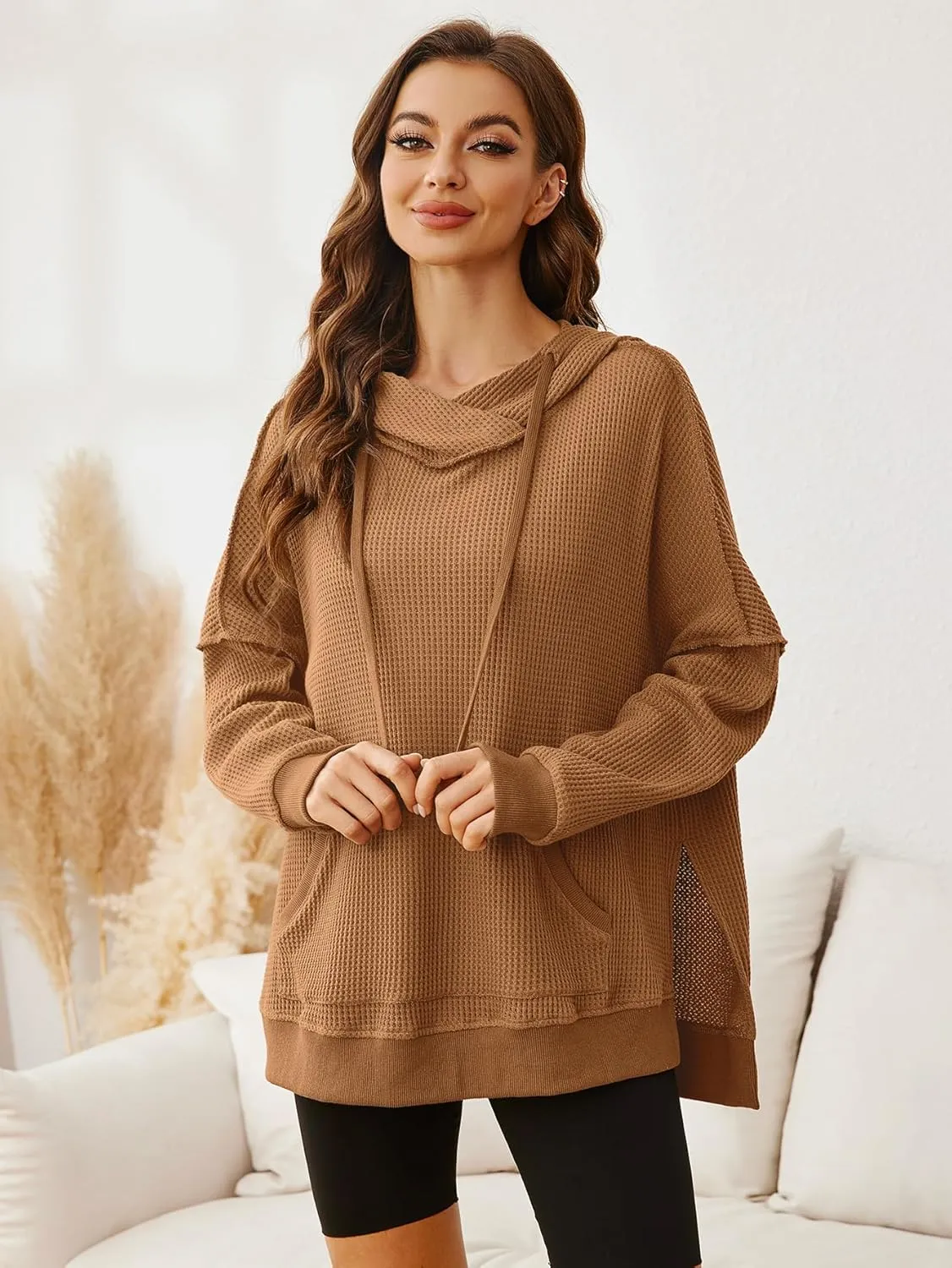 Glamaker Women's Waffle Knit Oversized Hoodies Pullover 2023 Fall Cute Trendy Hooded Sweatshirt Drawstring Casual Outfits