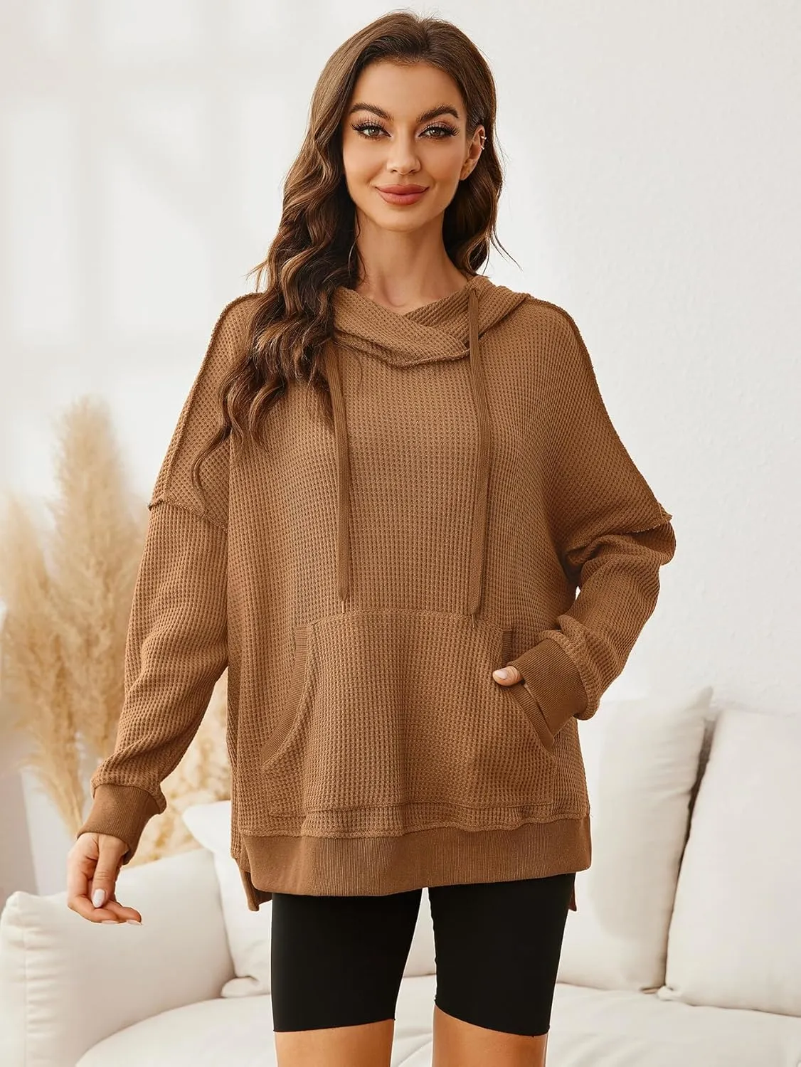 Glamaker Women's Waffle Knit Oversized Hoodies Pullover 2023 Fall Cute Trendy Hooded Sweatshirt Drawstring Casual Outfits
