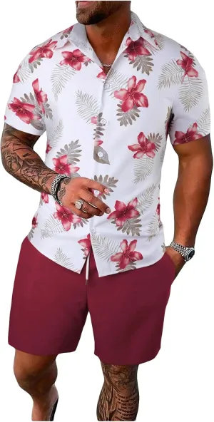 GORGLITTER Men's Hawaiian Matching Set Summer Beach 2 Piece Outfits Flower Button Down Shirts and Shorts Set