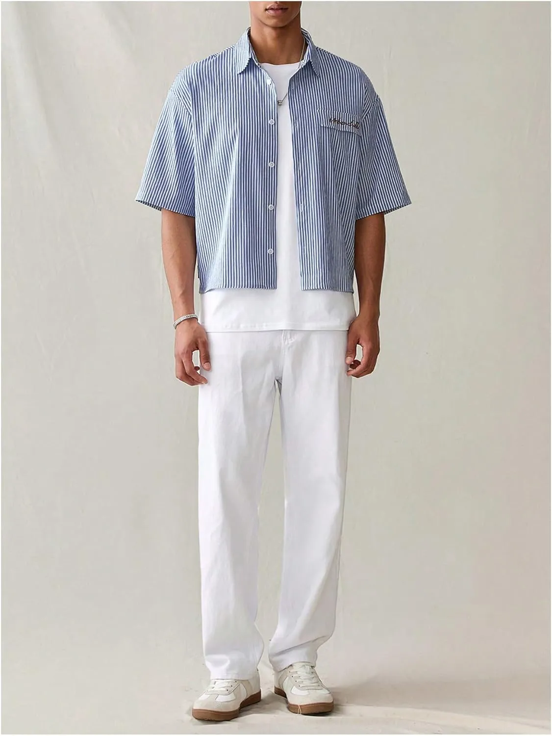 GORGLITTER Men's Striped Crop Letter Graphic Flap Button Down Up Shirt Short Sleeve Collar Top