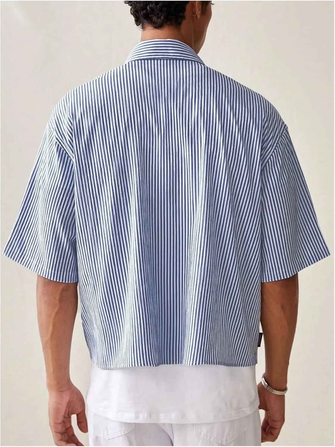 GORGLITTER Men's Striped Crop Letter Graphic Flap Button Down Up Shirt Short Sleeve Collar Top