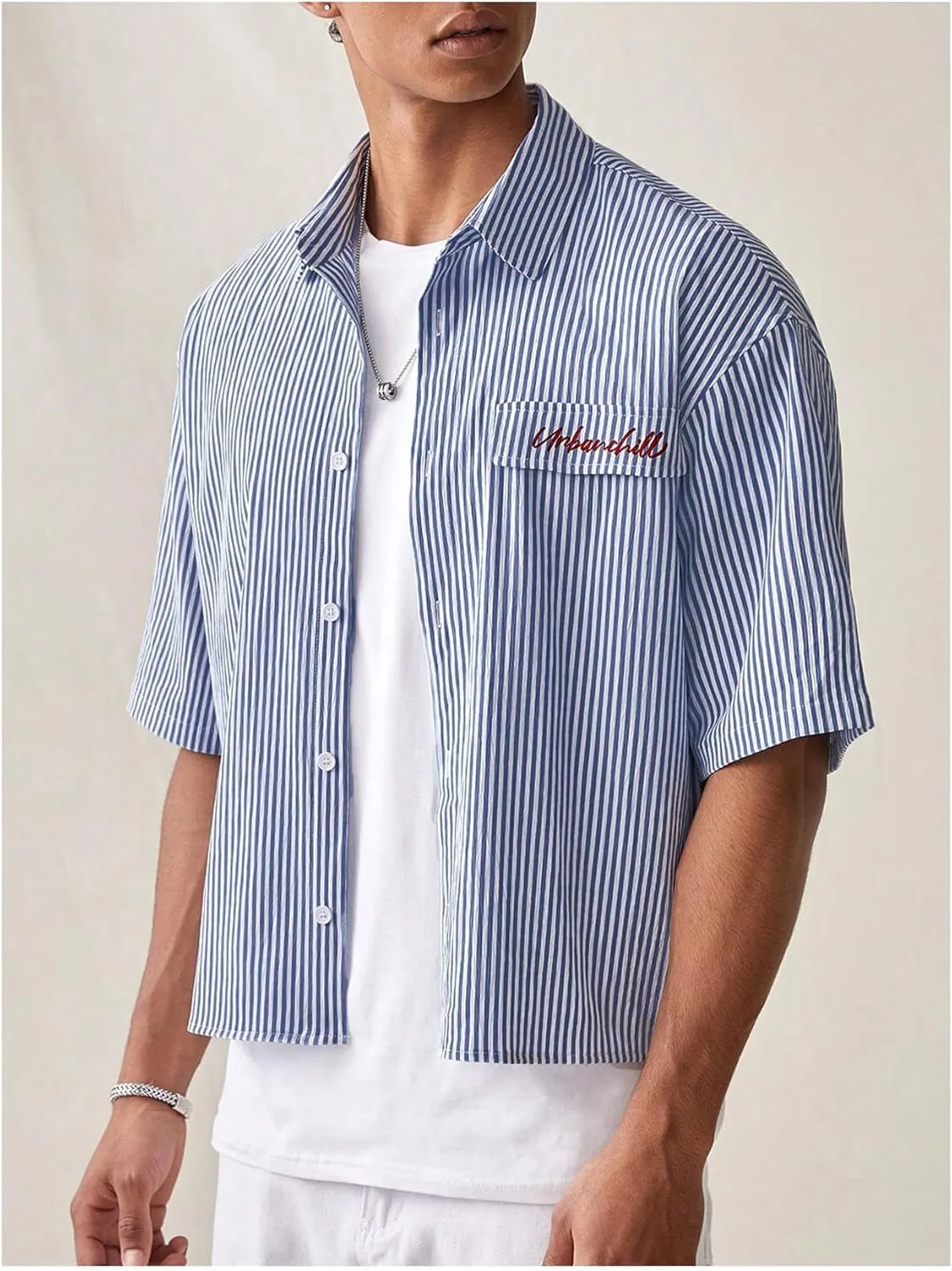 GORGLITTER Men's Striped Crop Letter Graphic Flap Button Down Up Shirt Short Sleeve Collar Top