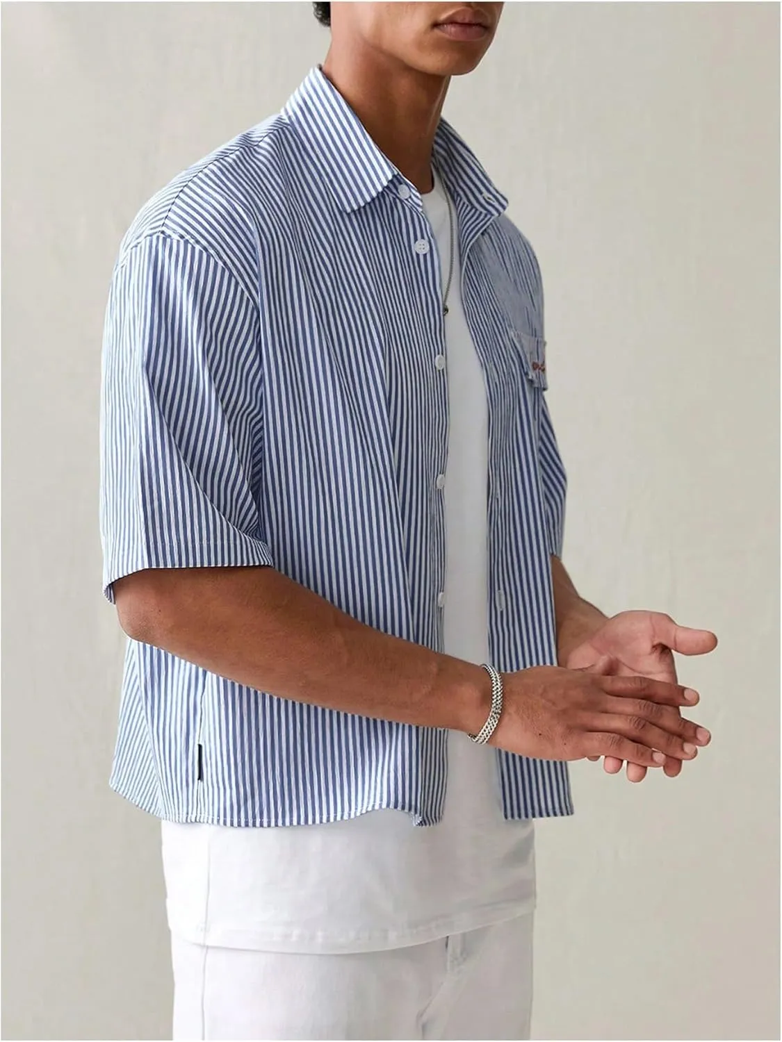 GORGLITTER Men's Striped Crop Letter Graphic Flap Button Down Up Shirt Short Sleeve Collar Top