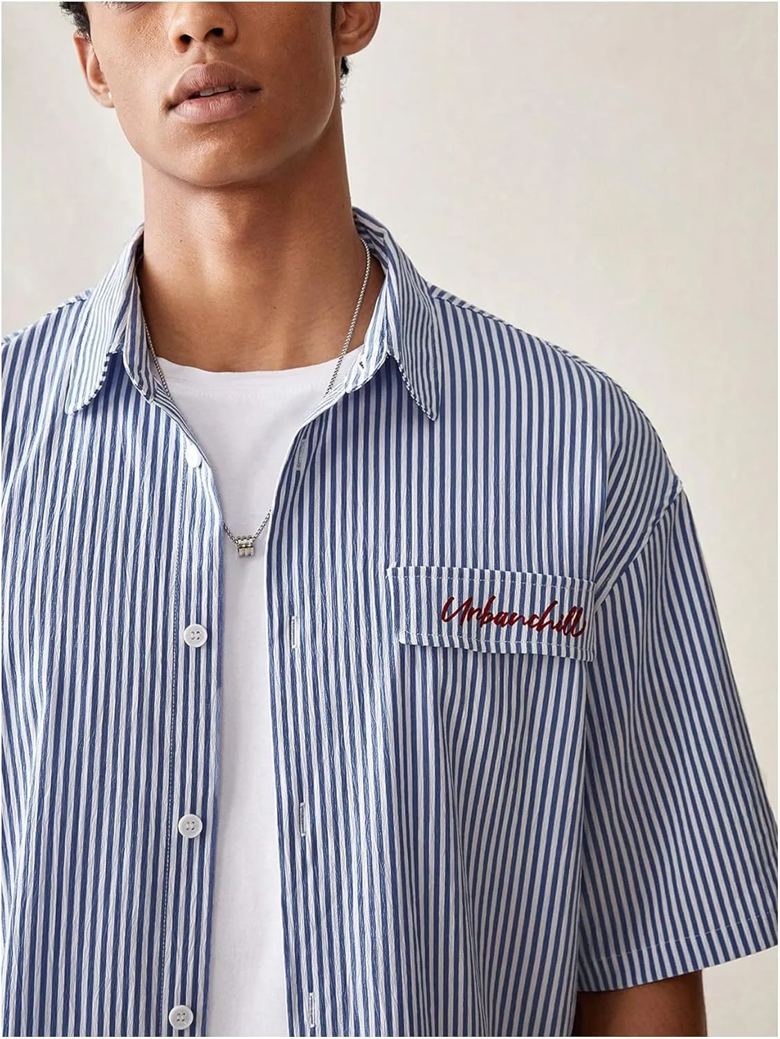 GORGLITTER Men's Striped Crop Letter Graphic Flap Button Down Up Shirt Short Sleeve Collar Top