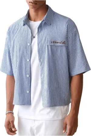 GORGLITTER Men's Striped Crop Letter Graphic Flap Button Down Up Shirt Short Sleeve Collar Top
