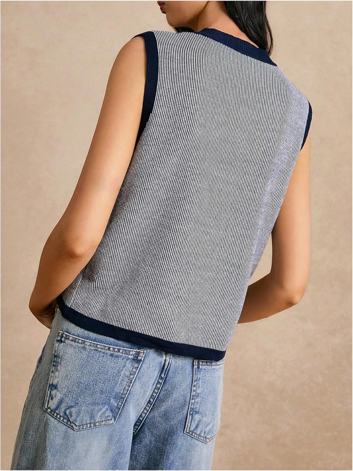 GORGLITTER Women's Striped Sweater Vest Button Down Sleeveless Crewneck Pullover Tank Tops