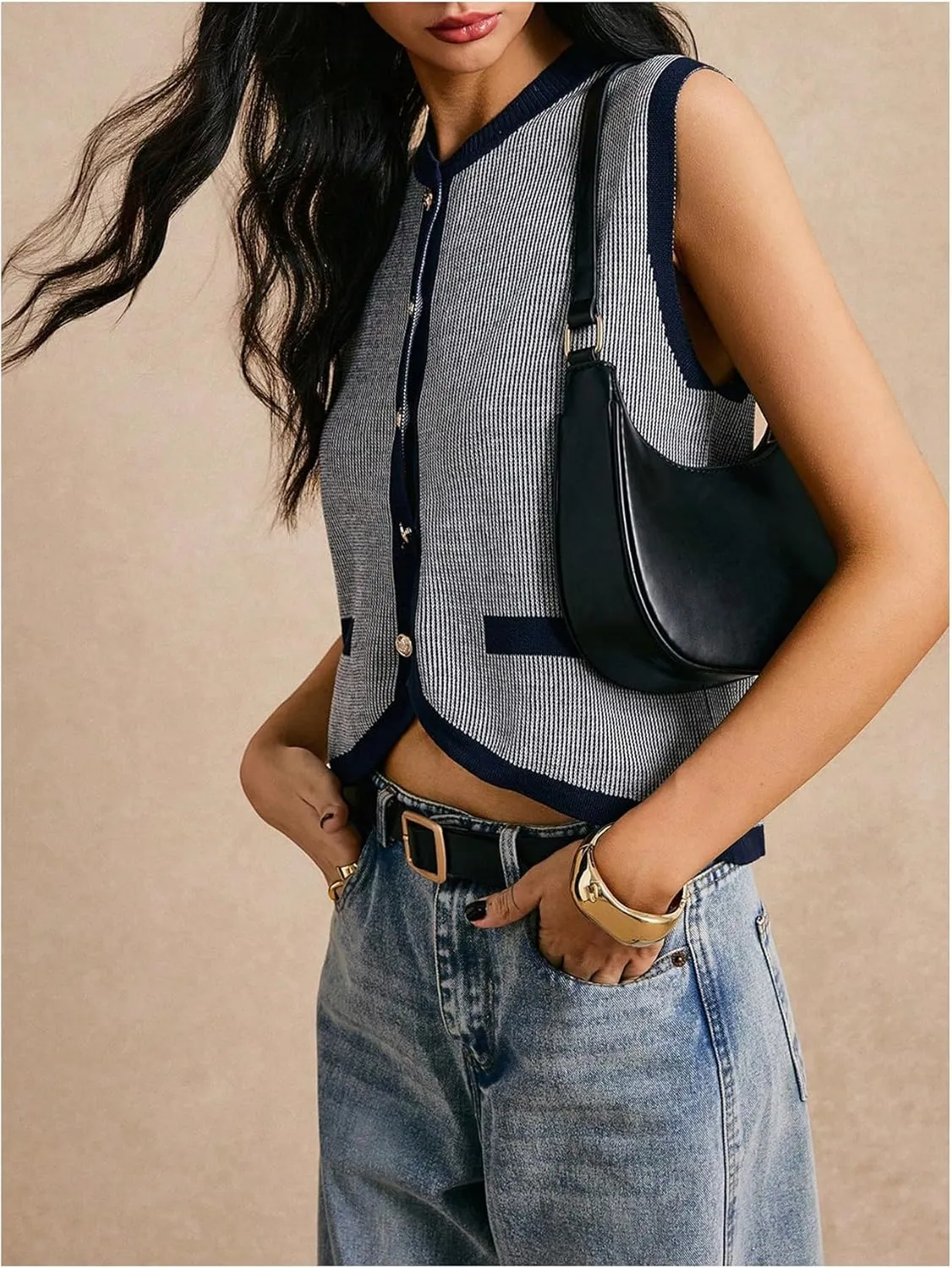 GORGLITTER Women's Striped Sweater Vest Button Down Sleeveless Crewneck Pullover Tank Tops