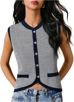 GORGLITTER Women's Striped Sweater Vest Button Down Sleeveless Crewneck Pullover Tank Tops