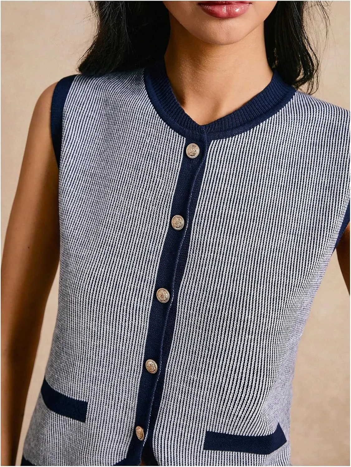 GORGLITTER Women's Striped Sweater Vest Button Down Sleeveless Crewneck Pullover Tank Tops