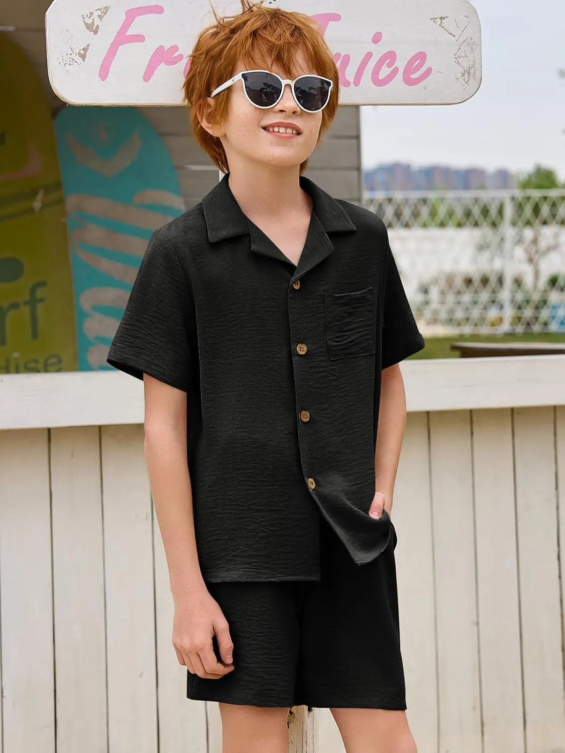 Haloumoning Boys 2 Pieces Summer Outfits Beach Short Sleeve Button Down Shirts and Shorts Vacation Texture Sets for Kids