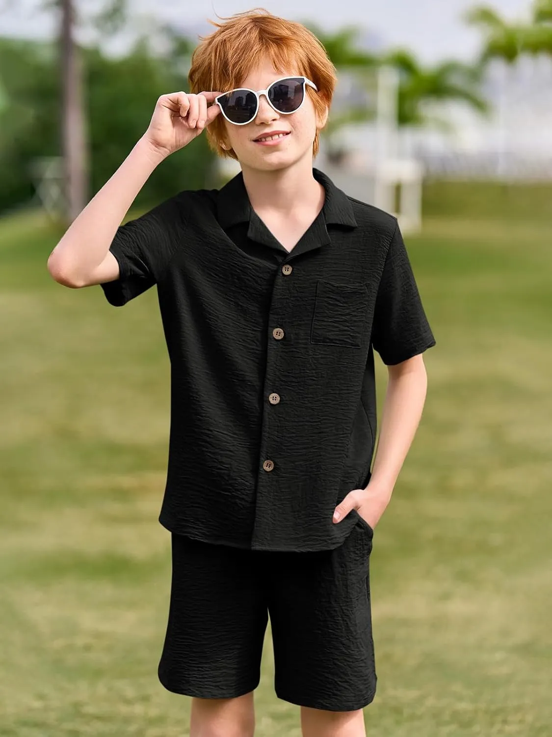 Haloumoning Boys 2 Pieces Summer Outfits Beach Short Sleeve Button Down Shirts and Shorts Vacation Texture Sets for Kids