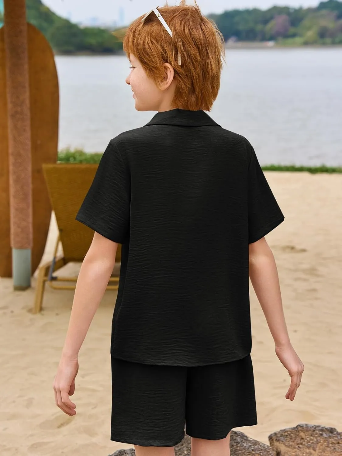 Haloumoning Boys 2 Pieces Summer Outfits Beach Short Sleeve Button Down Shirts and Shorts Vacation Texture Sets for Kids