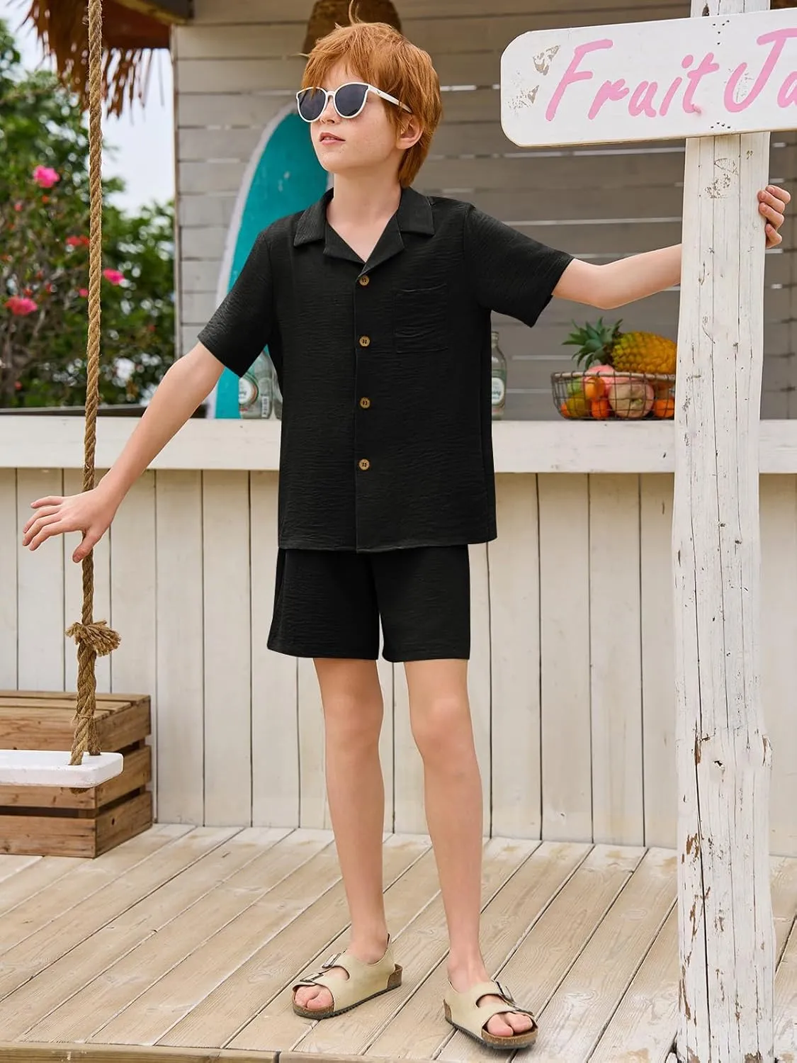 Haloumoning Boys 2 Pieces Summer Outfits Beach Short Sleeve Button Down Shirts and Shorts Vacation Texture Sets for Kids