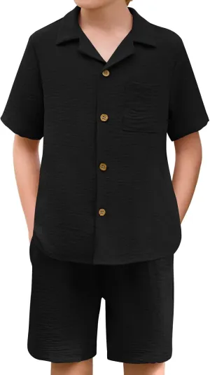 Haloumoning Boys 2 Pieces Summer Outfits Beach Short Sleeve Button Down Shirts and Shorts Vacation Texture Sets for Kids