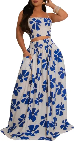 HANMAX Two Piece Sets for Women Summer Floral Beach Outfit Casual Sleeveless Cropped Tank Top High Waisted Maxi Skirt Set
