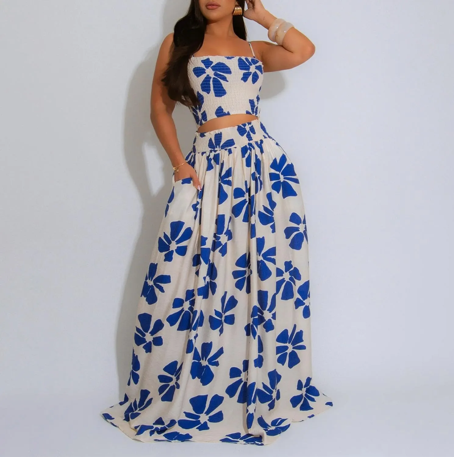 HANMAX Two Piece Sets for Women Summer Floral Beach Outfit Casual Sleeveless Cropped Tank Top High Waisted Maxi Skirt Set