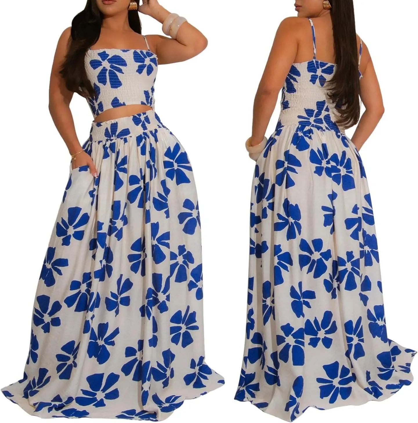 HANMAX Two Piece Sets for Women Summer Floral Beach Outfit Casual Sleeveless Cropped Tank Top High Waisted Maxi Skirt Set
