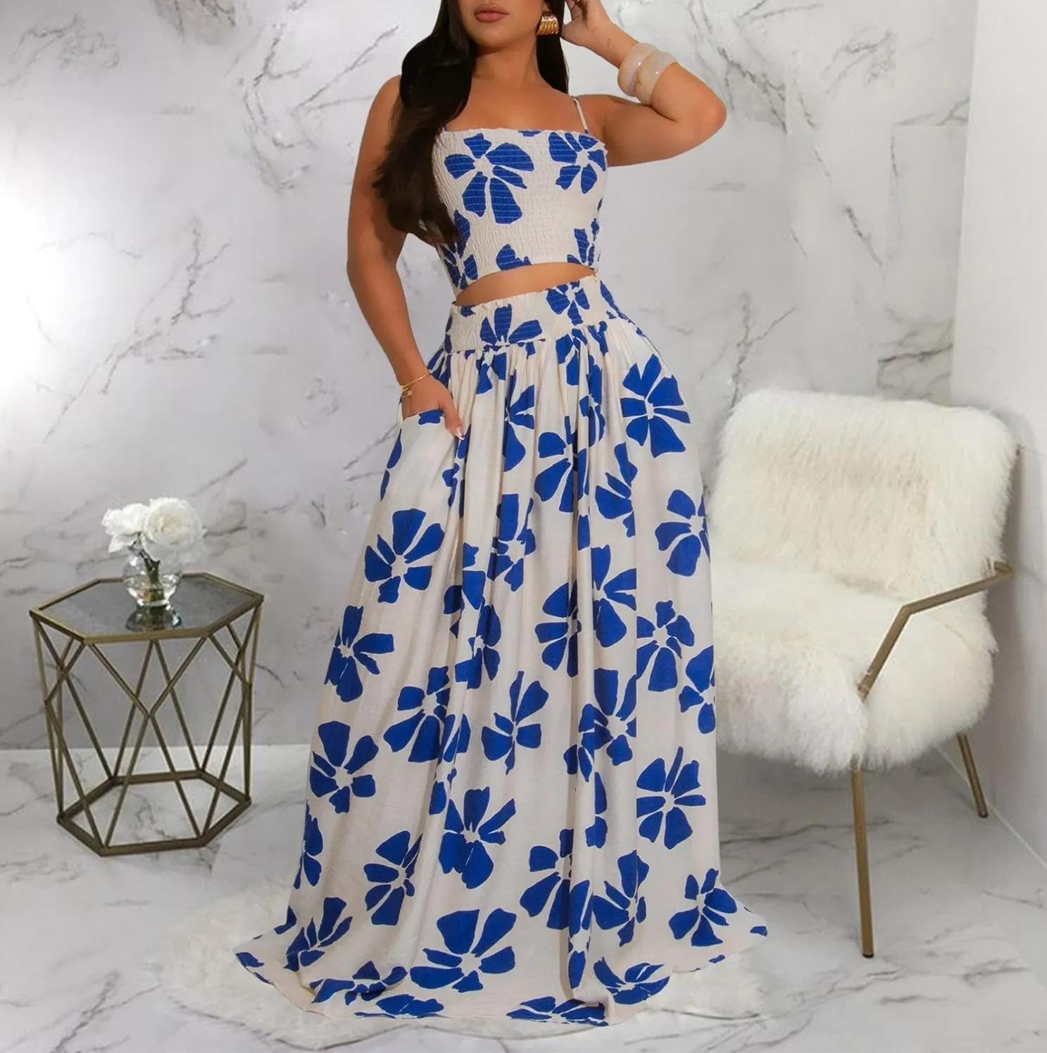 HANMAX Two Piece Sets for Women Summer Floral Beach Outfit Casual Sleeveless Cropped Tank Top High Waisted Maxi Skirt Set