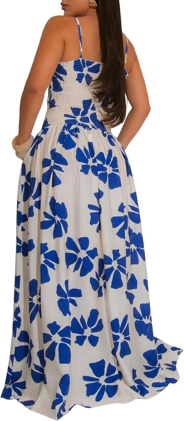 HANMAX Two Piece Sets for Women Summer Floral Beach Outfit Casual Sleeveless Cropped Tank Top High Waisted Maxi Skirt Set