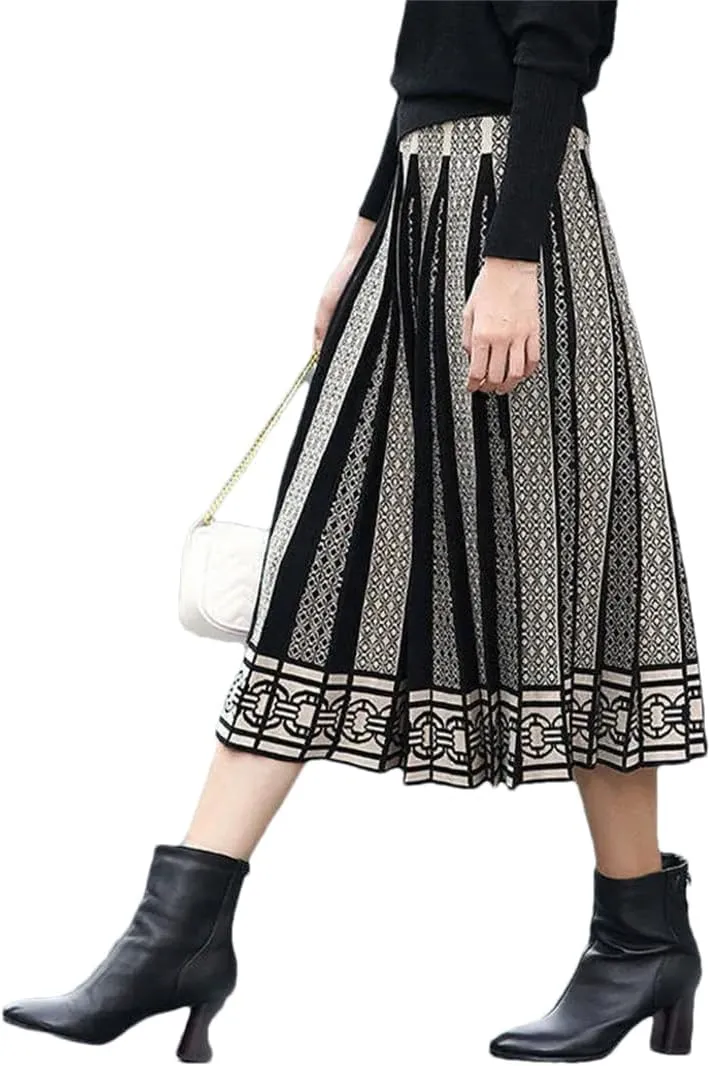 Hdhdeueh Women High Waist Knitted Midi Skirt A-Line Black Elegant Pleated Skirt S