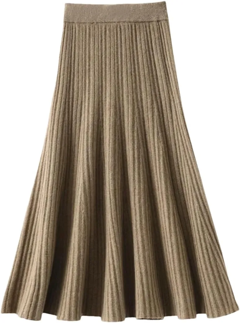 Hdhdeueh Women's Wool High Waist Pleated Skirt Elegant College Style Midi Skirt