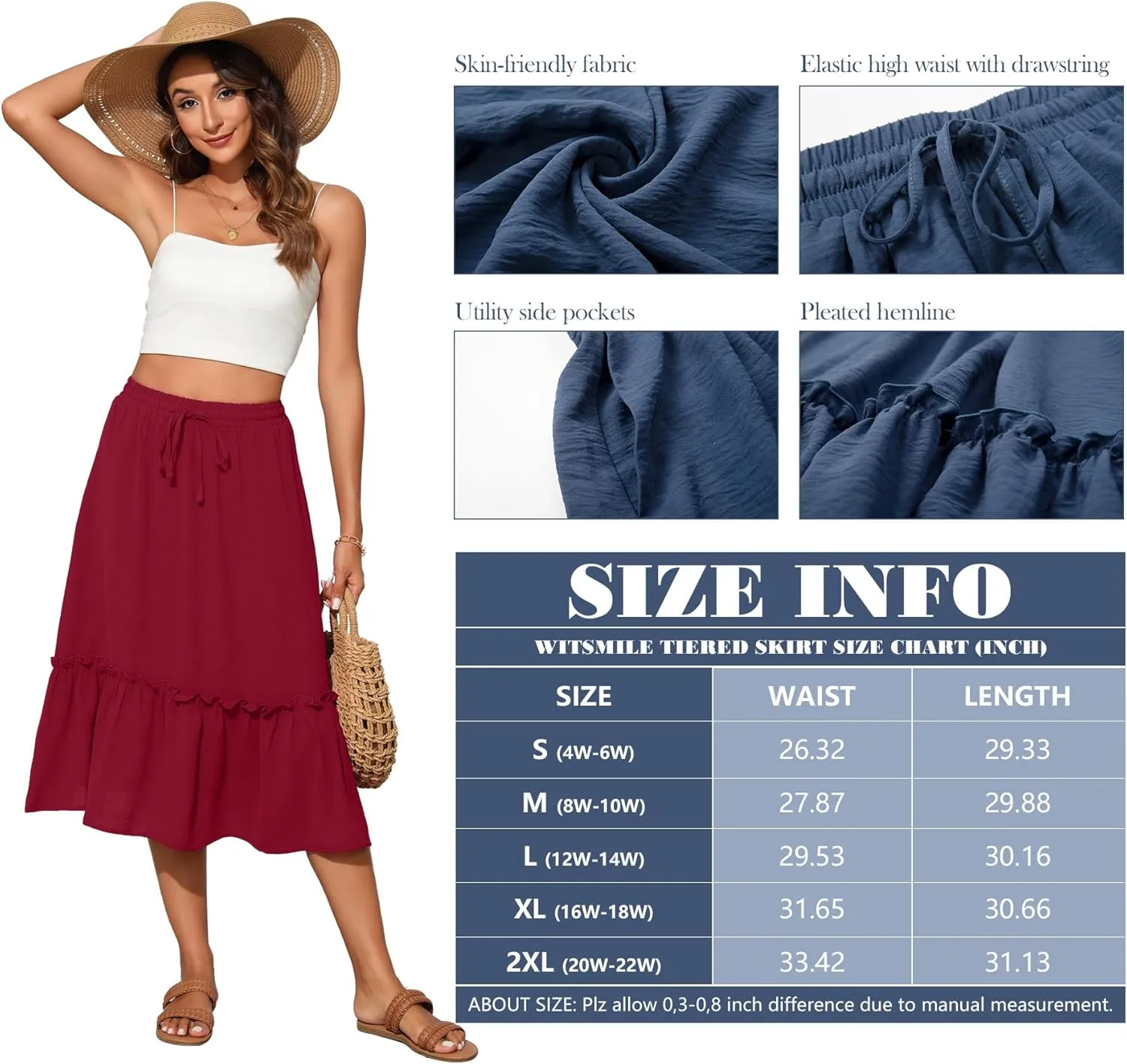 High Waist Tiered Skirts for Women Flowy Skirts for Women Below Knee with Pockets 2025 Fashion Trendy