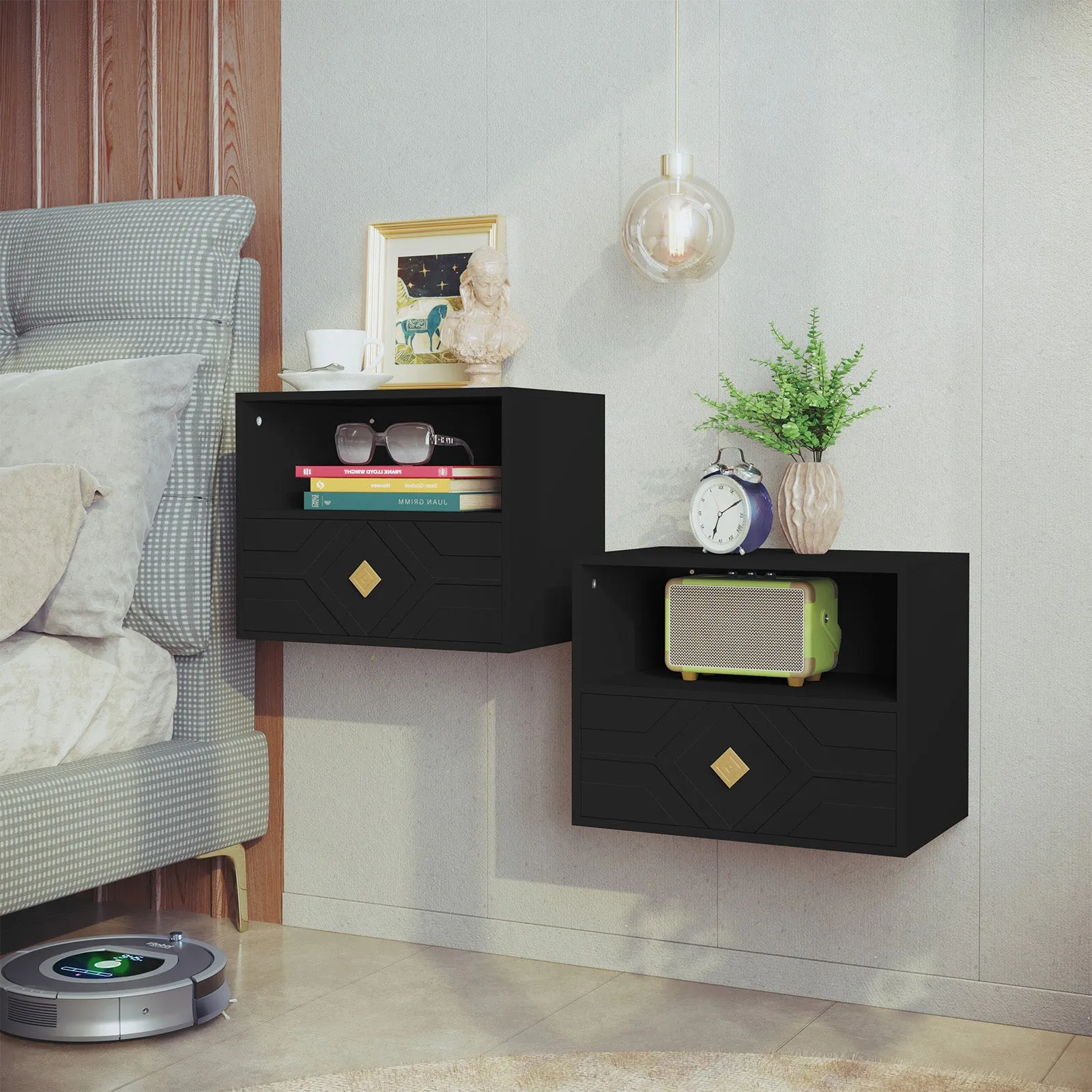 HLR Black Modern Floating Nightstand Set of 2 with Drawer & Embossed Design, Wall-Mounted Bedside Tables with Storage for Bedroom