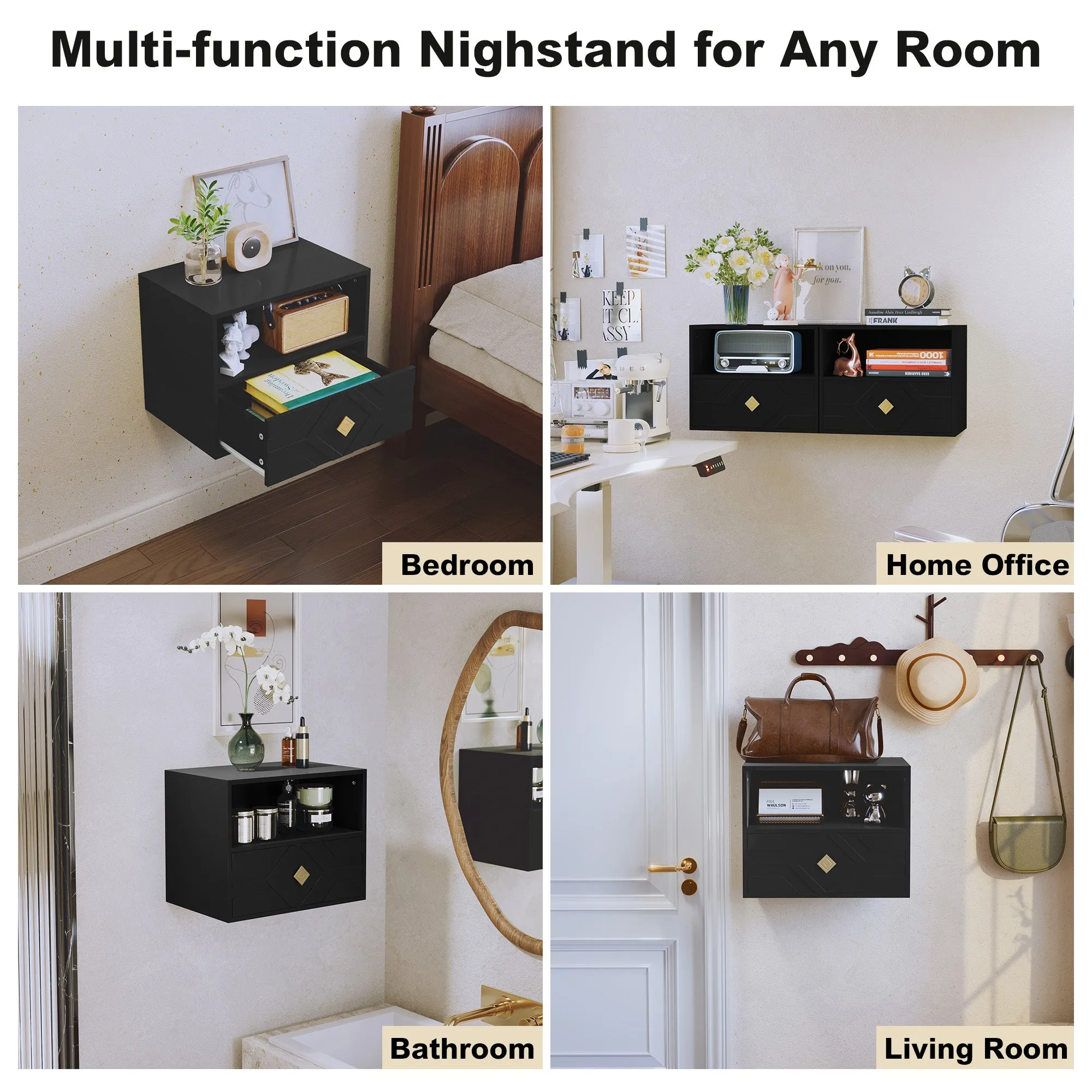 HLR Black Modern Floating Nightstand Set of 2 with Drawer & Embossed Design, Wall-Mounted Bedside Tables with Storage for Bedroom