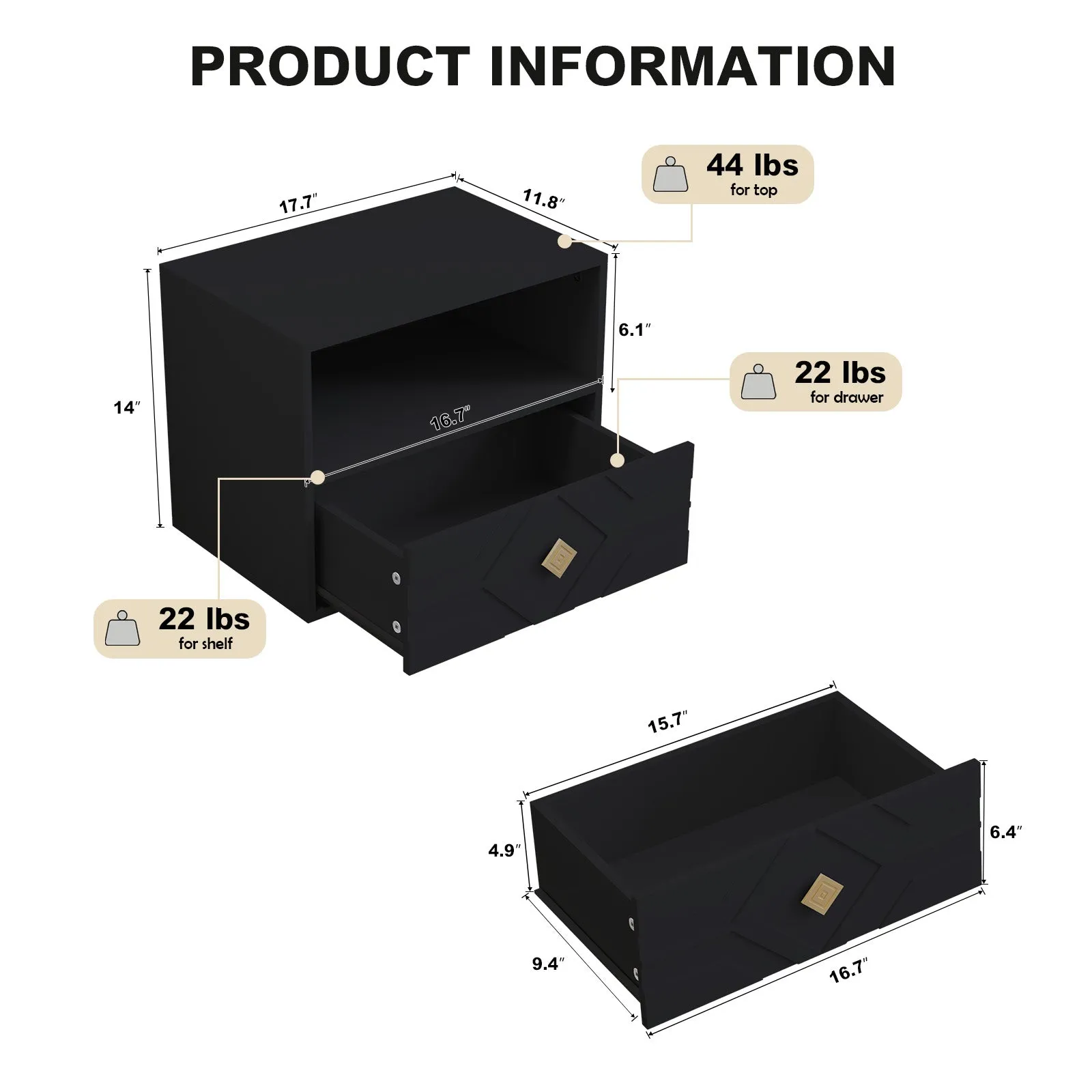 HLR Black Modern Floating Nightstand Set of 2 with Drawer & Embossed Design, Wall-Mounted Bedside Tables with Storage for Bedroom