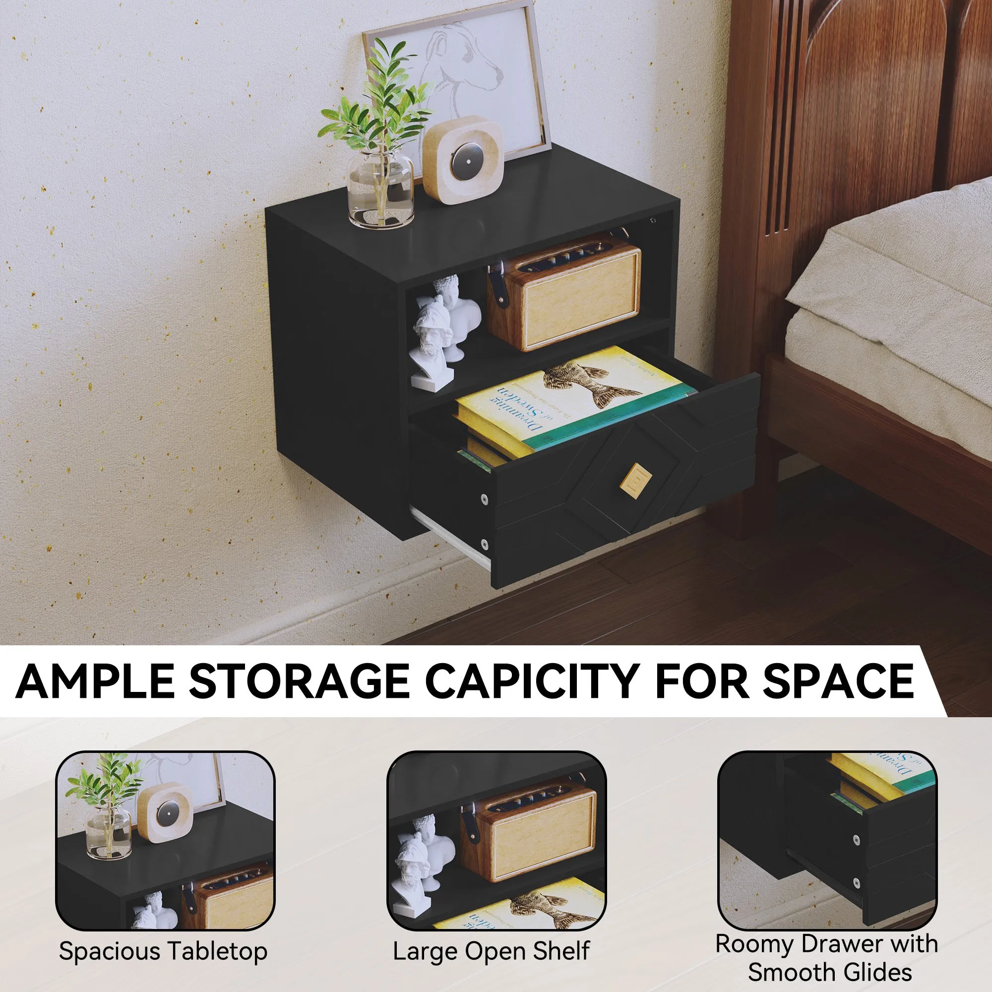 HLR Black Modern Floating Nightstand Set of 2 with Drawer & Embossed Design, Wall-Mounted Bedside Tables with Storage for Bedroom