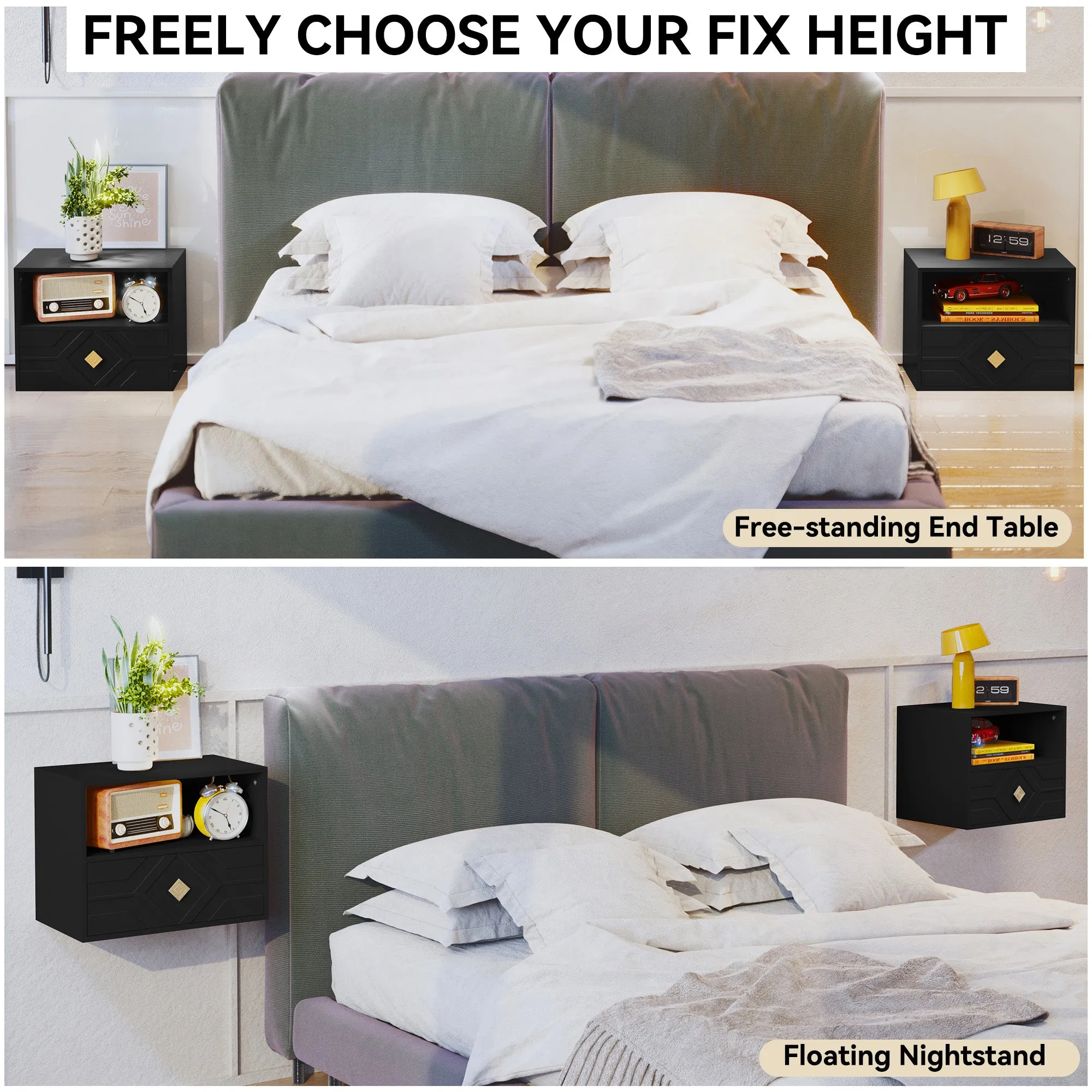 HLR Black Modern Floating Nightstand Set of 2 with Drawer & Embossed Design, Wall-Mounted Bedside Tables with Storage for Bedroom