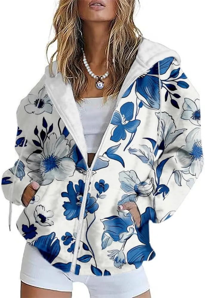 HOTYD Womens Oversized Zip Up Hoodies Floral Print Casual Long Sleeve Graphic Hoodies Plus Size Fall Tops with Front Pocket