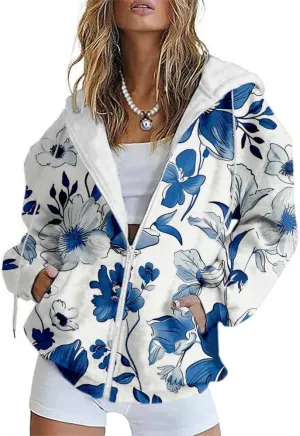HOTYD Womens Oversized Zip Up Hoodies Floral Print Casual Long Sleeve Graphic Hoodies Plus Size Fall Tops with Front Pocket