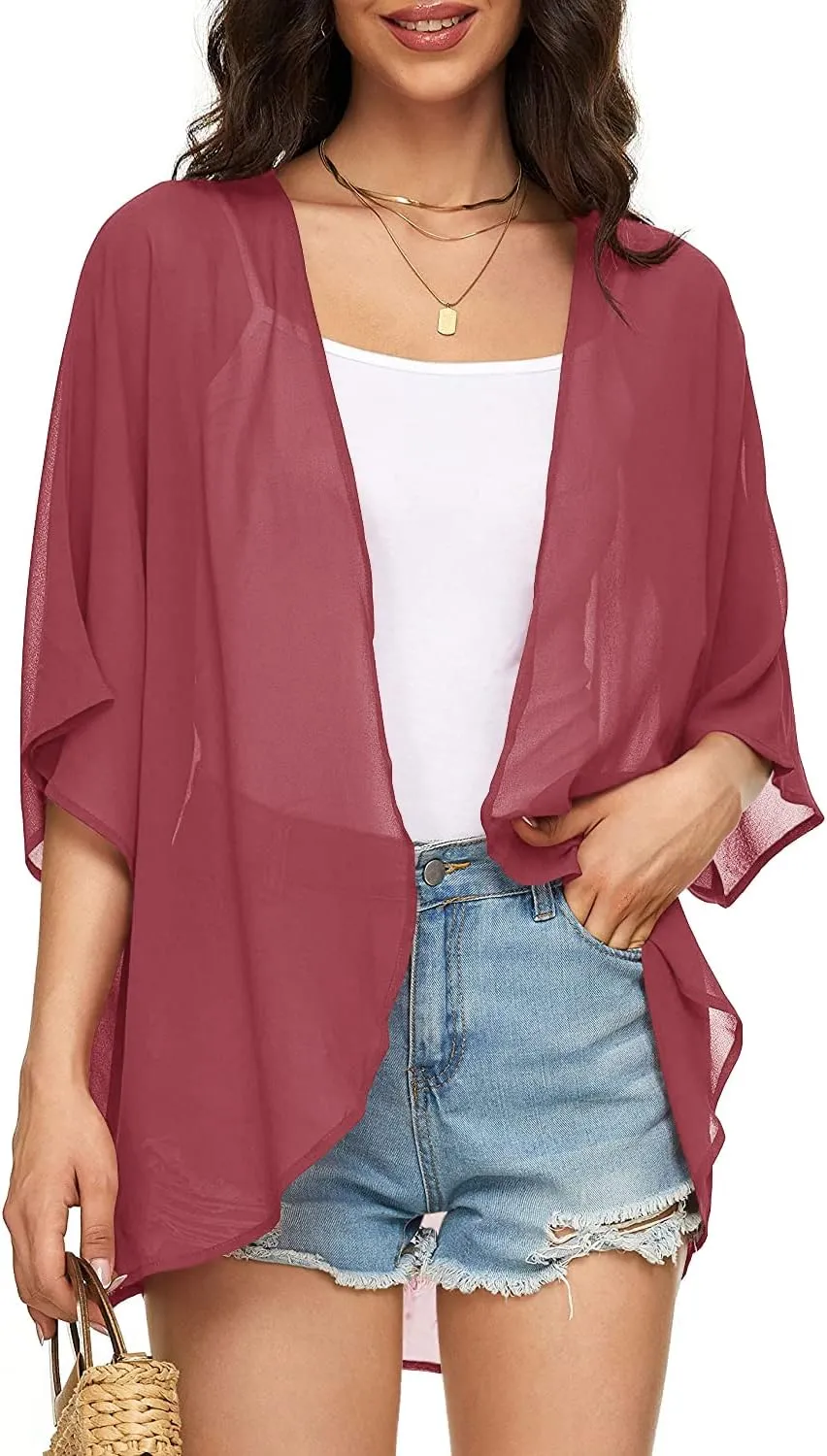 Indian Trendy Women's Solid Puff Sleeve Kimono Cardigan Loose Cover Up Casual Blouse Top Chiffon