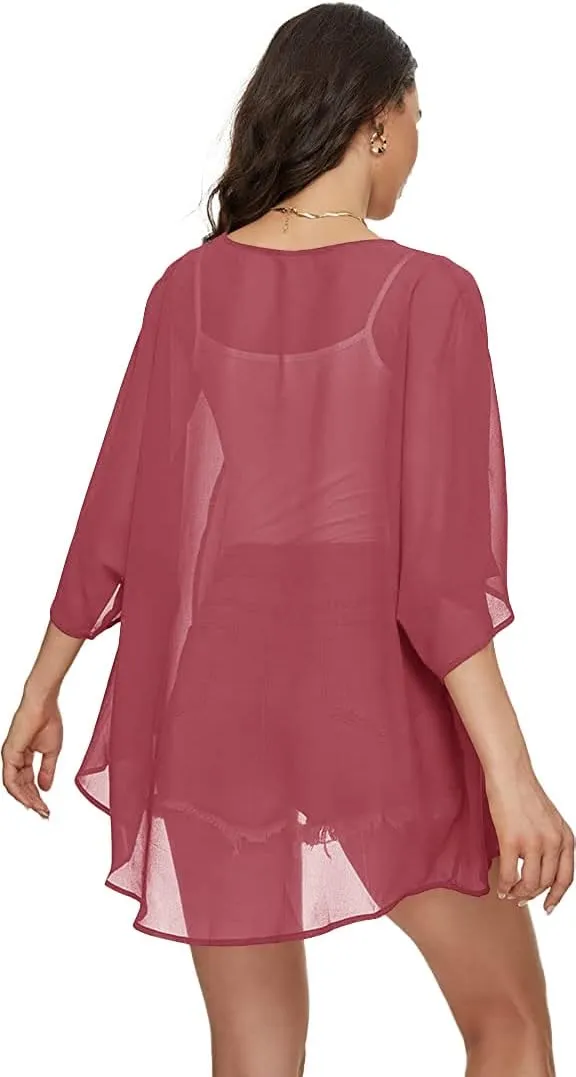 Indian Trendy Women's Solid Puff Sleeve Kimono Cardigan Loose Cover Up Casual Blouse Top Chiffon