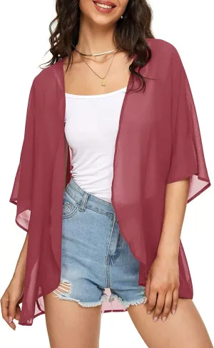 Indian Trendy Women's Solid Puff Sleeve Kimono Cardigan Loose Cover Up Casual Blouse Top Chiffon