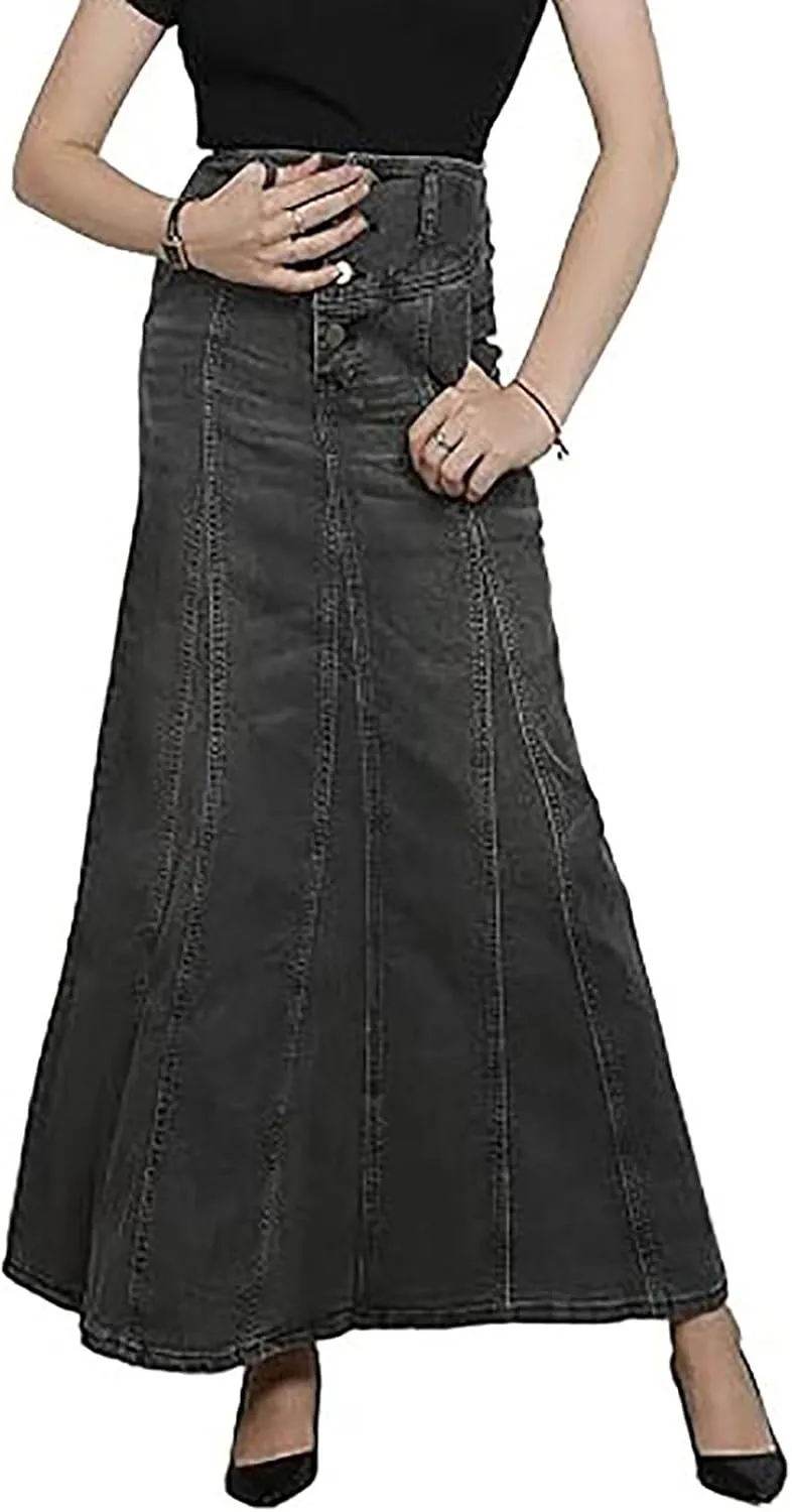 Jean Skirts for Women Denim Retro Exposure Button Fly High Rise A Line Maxi Skirt Ruffle Swing Packaged Hip Skirts