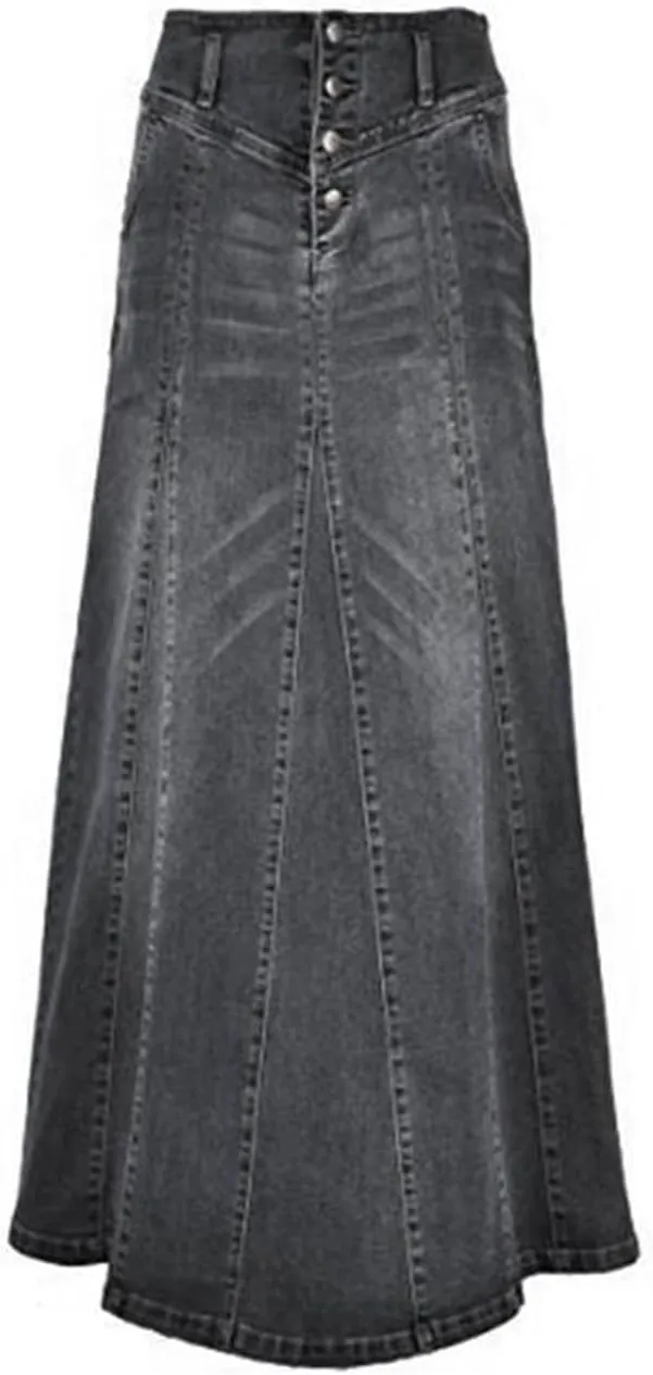 Jean Skirts for Women Denim Retro Exposure Button Fly High Rise A Line Maxi Skirt Ruffle Swing Packaged Hip Skirts