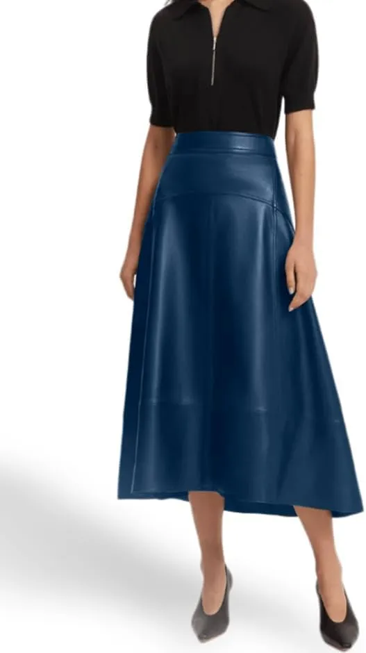 Jild Real Lambskin Leather Skirts for Women High Waist Classical Mid Length Going Out Skirt with Stylish Patchwork