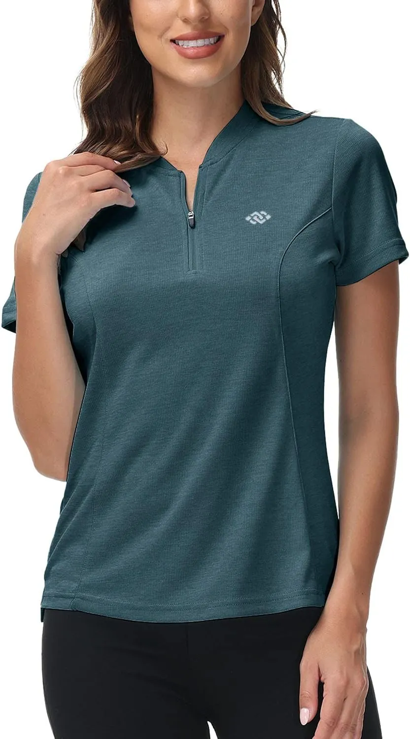 JINSHI Women's Golf Polo Shirt Zip Up Tennis Sports Athletic Short Sleeve Shirts