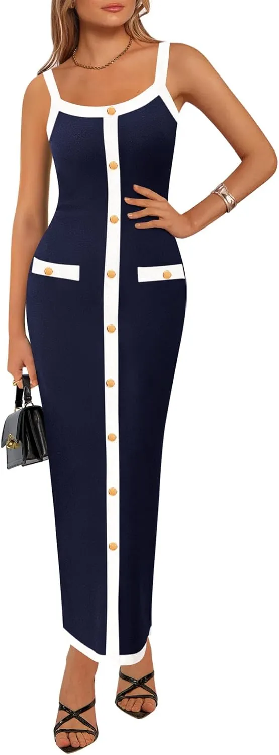 KIRUNDO Women's Semi Formal Business Casual Midi Dress 2025 Spring Summer Knit Color Block Button Work Office Dresses