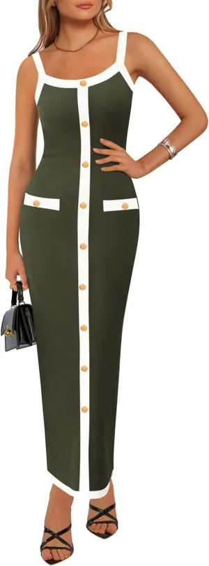 KIRUNDO Women's Semi Formal Business Casual Midi Dress 2025 Spring Summer Knit Color Block Button Work Office Dresses