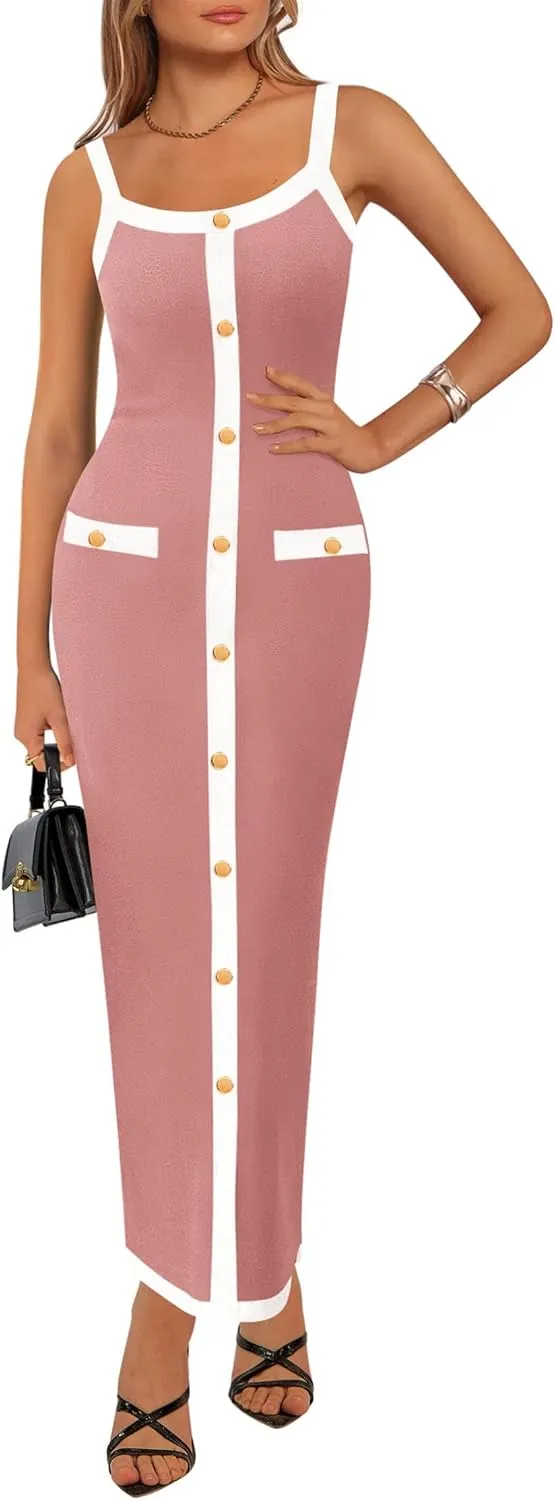 KIRUNDO Women's Semi Formal Business Casual Midi Dress 2025 Spring Summer Knit Color Block Button Work Office Dresses