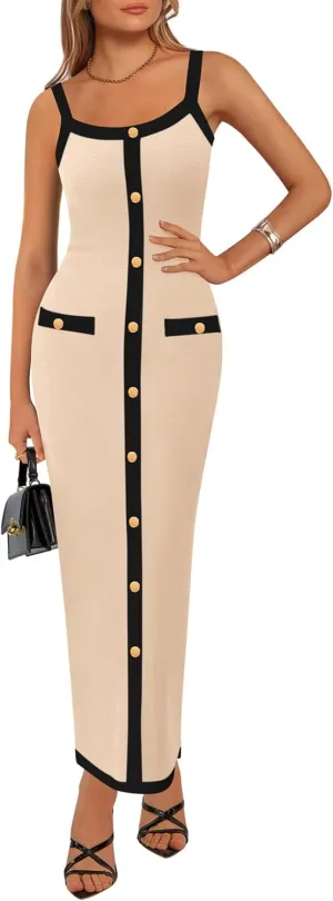 KIRUNDO Women's Semi Formal Business Casual Midi Dress 2025 Spring Summer Knit Color Block Button Work Office Dresses