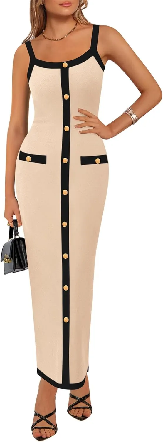KIRUNDO Women's Semi Formal Business Casual Midi Dress 2025 Spring Summer Knit Color Block Button Work Office Dresses