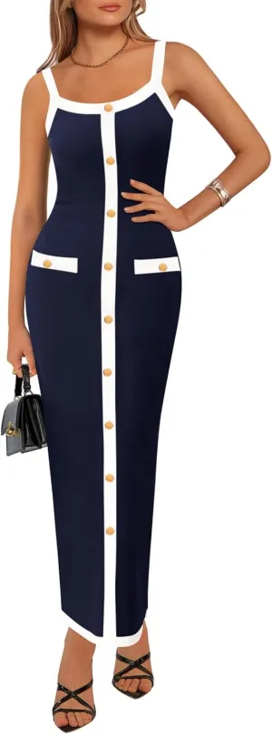 KIRUNDO Women's Semi Formal Business Casual Midi Dress 2025 Spring Summer Knit Color Block Button Work Office Dresses