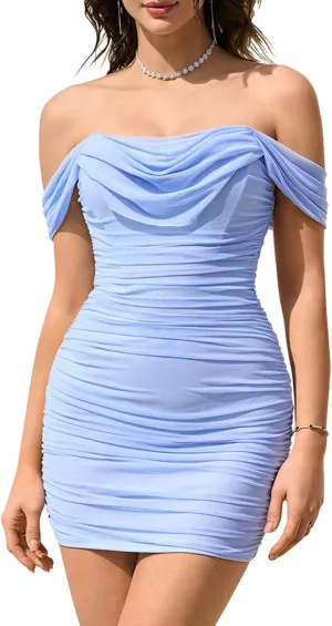 KUTUMAI Women Sexy Off Shoulder Mini Dress Corset Bodycon Ruched Short Cocktail Party Club Dresses